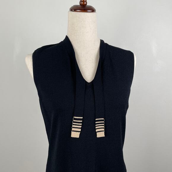 Vintage Jones NY Tie Neck Knit Sleeveless Sweater Top Black Retro Striped Vest M - Picture 4 of 10